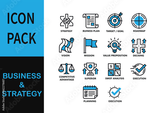 Business and Strategy Icon Pack with Various Symbols.
