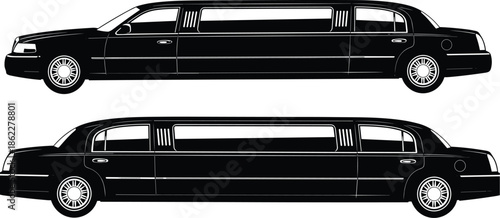 Black stretch limousine, luxury vehicle, side view, vector illustration, transportation design, elegant car, graphic art, editable layout, commercial use, isolated background