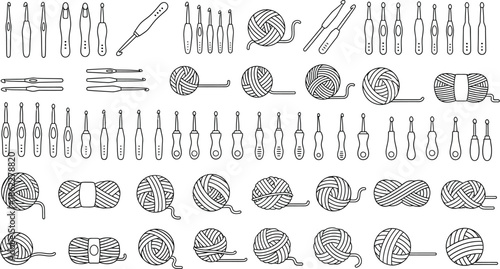Crochet tools and yarn balls for craft projects and hobbies
