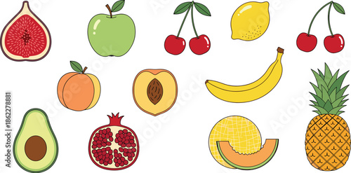 Colorful, vibrant, fresh, healthy, tropical, juicy, ripe, organic, assorted, fruits, illustration, fig, apple, cherry, lemon, peach, banana, avocado, pomegranate, pineapple