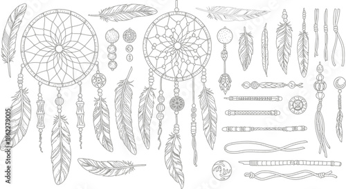 Dreamcatcher components and feathers for bohemian crafts