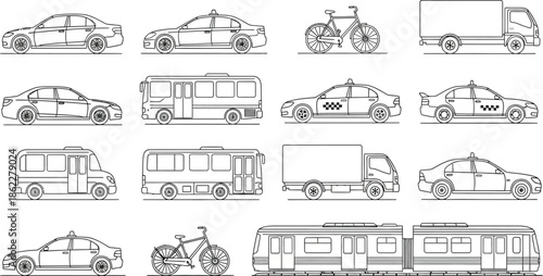 Various vehicles including cars, buses, trucks, bicycles, and trains