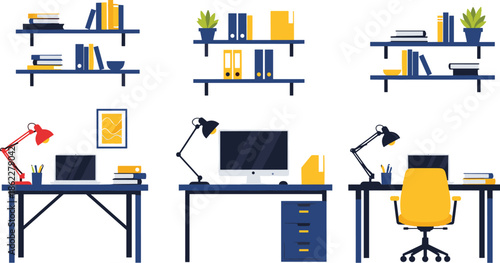 Modern office interior, organized workspace, shared desk setup, desktop and laptop computers, creative study area, stylish shelves, productivity zone, ergonomic design