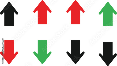 Up and down arrows, color coded, black red green, direction indicators, data visualization, pattern grid, abstract symbols, infographic elements