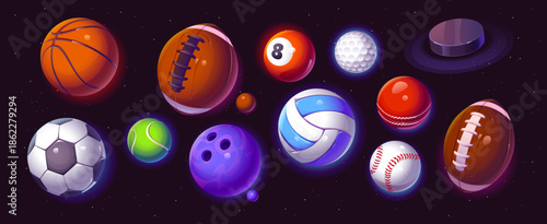 Glowing sports planet balls floating in space as basketball, soccer ball, tennis ball, volleyball, baseball and bowling ball, golf, billiard and cricket, American football, rugby, hockey puck set