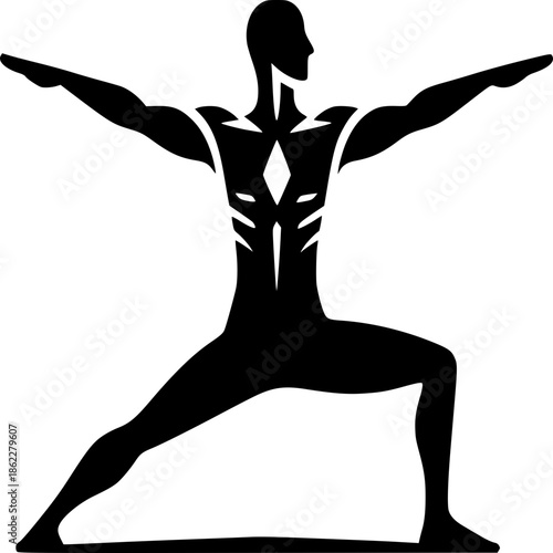 Warrior Pose: A stylized illustration presents a human figure in the Warrior pose, a symbol of strength and balance in a moment of yoga practice, emphasizing harmony and inner peace.