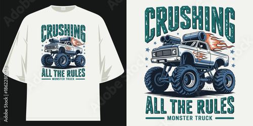 vintage retro crushing all the rules powerful monster truck 4x4 offroad graphic t shirt design vector illustration artwork
