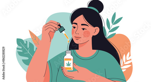 Young woman using medicinal hemp oil with a pipette and a bottle featuring a cannabis leaf icon for wellness and health.