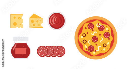 Flat illustration of a whole pepperoni pizza alongside its main ingredients like cheese, tomato sauce, and sliced salami.