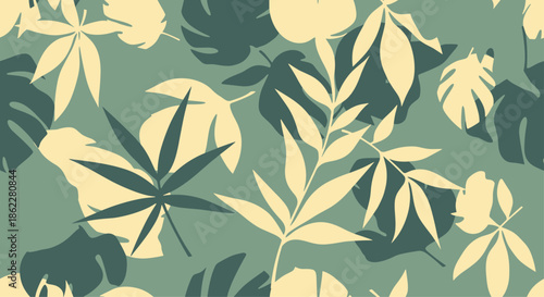 Tropical summer seamless pattern with various large green and yellow jungle leaves on a muted green background for decor.