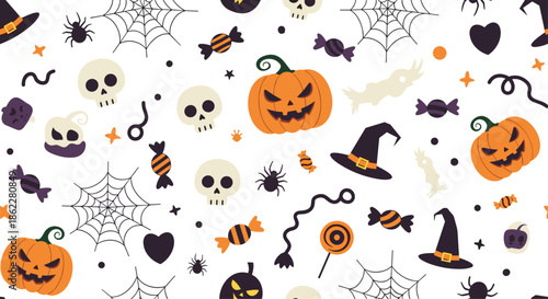 Festive halloween seamless pattern with pumpkins, skulls, spiders, witch hats, and candies on a white background for holidays.