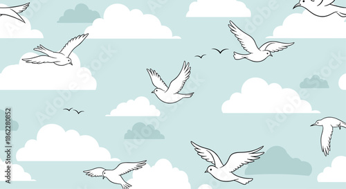 Peaceful seamless pattern of white birds flying through a soft blue sky filled with various shaped white and grey clouds.