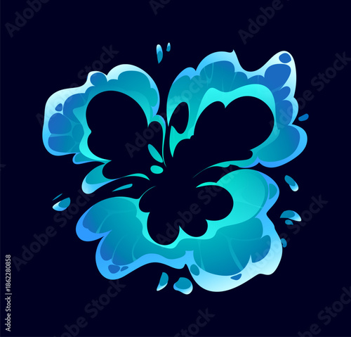 Cartoon water splash with drops splatter in explosion, vector flow wave splashing. Cartoon blue water splash of liquid flow swirl explode with pour spill motion effect for cold water or drink beverage