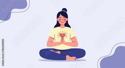 Young woman sitting in a lotus position and meditating with a heart symbol on her shirt for mental health and relaxation.