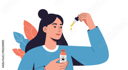Young woman wearing a blue shirt holding a bottle of cannabis oil and a pipette with a single drop for medicinal therapy.