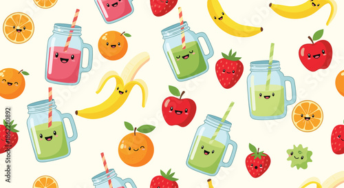 Adorable seamless pattern of cute kawaii fruits and smoothie jars with smiling faces in bright and cheerful colors for kids.