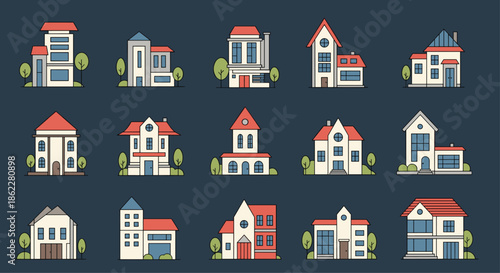 Diverse collection of colorful house icons set against a dark blue background featuring various architectural styles and colors.