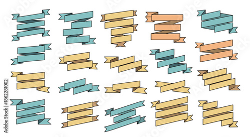 Large collection of colorful ribbon banners in various shapes and styles for text headlines and decorative design elements.