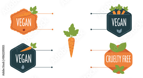 Set of vegan and cruelty-free product labels featuring a fresh carrot illustration and clean modern typography.