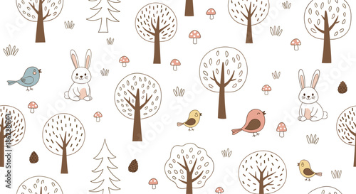 Cute woodland animals seamless pattern featuring rabbits, birds, trees, mushrooms, and pinecones in soft natural colors.