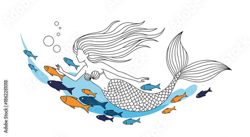 Graceful mermaid swimming underwater alongside a school of small colorful fish in blue and orange hues.