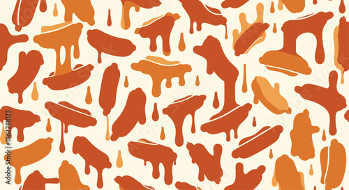 Abstract seamless pattern of dripping and melting orange shapes on a cream background resembling liquid or syrup.