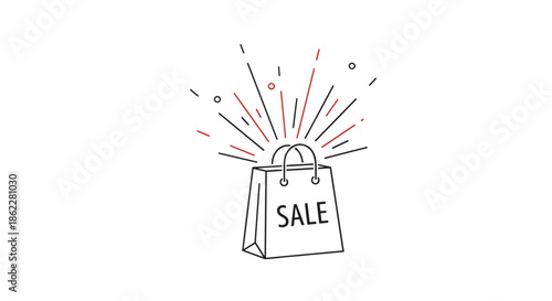 Minimalist line drawing of a paper shopping bag with the word sale and explosive motion lines.