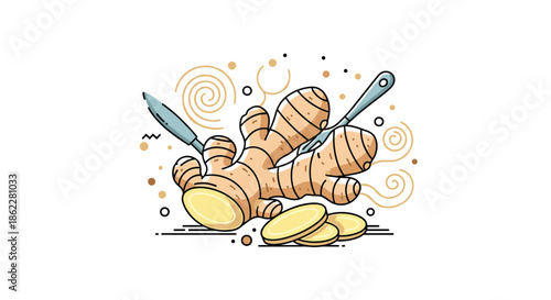 Detailed illustration of a ginger root with sliced pieces and kitchen utensils for cooking or medicinal themes.
