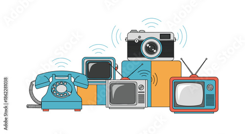 Retro technology collection featuring a blue rotary phone, vintage camera, and several old television sets.