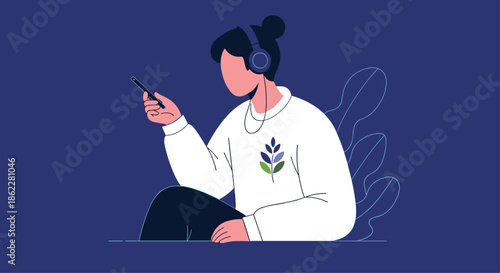 Minimalist illustration of a woman wearing headphones and holding a mobile phone on a solid blue background.