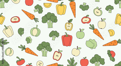Seamless healthy food pattern featuring a variety of fruits and vegetables like apples, carrots, broccoli, and peppers.
