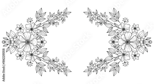 Intricate black and white floral frame with detailed hand-drawn flowers and leaves arranged symmetrically for borders.