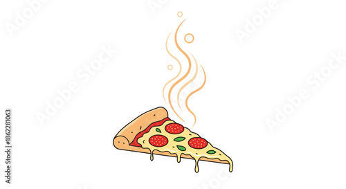 Appetizing slice of pepperoni pizza with melting cheese and steam swirls on a white background.