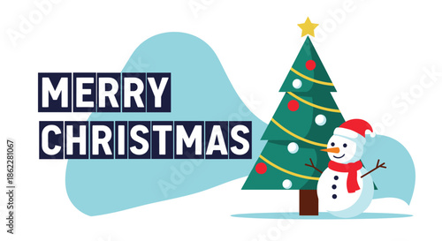 Festive Merry Christmas banner with a decorated pine tree and a cute snowman with a red scarf and hat.