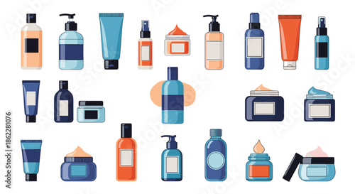 Large collection of diverse cosmetic and skincare product containers including bottles, jars, tubes, and pumps.
