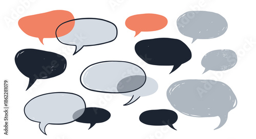 Assortment of hand-drawn speech bubbles in various colors and shapes for communication and creative dialogue design.