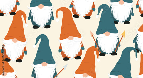 Seamless vector pattern of cute garden gnomes wearing orange and blue hats with long white beards on a neutral background for fabric and wrap.
