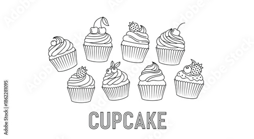 Collection of hand drawn cupcake illustrations with different toppings like cherries and strawberries for coloring books or bakery logo designs.