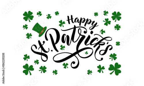 Happy St. Patrick's Day Greeting with Elegant Typography and Green Shamrocks on White Background
