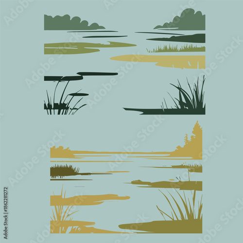 Abstract landscapes of swamp or marsh wetlands scenery collection.