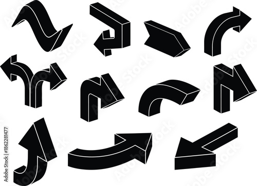 Isometric 3D Black Silhouette Curved Arrow Direction Icons Set 