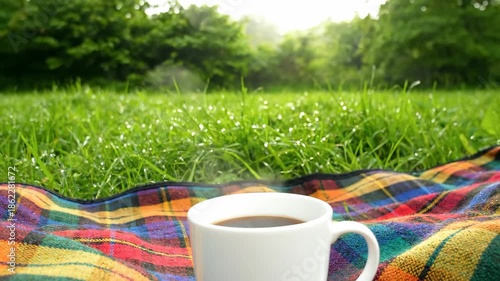 Steaming cup of coffee on blanket in grassy outdoor setting