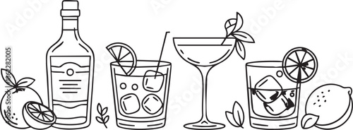 Hand drawn line art collection of alcoholic drinks and citrus fruits alcoholic beverage