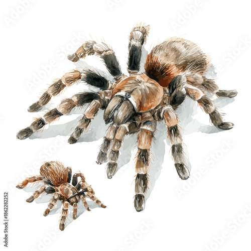 Tarantula With Its Baby in watercolor style, vector illustration, isolated on white background.