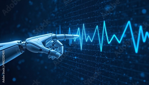 A robotic hand pointing to a glowing blue ECG heartbeat line on a futuristic digital background