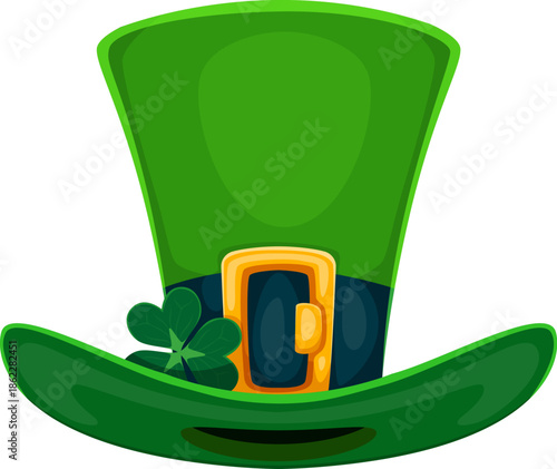 St Patrick day symbol of leprechaun hat with shamrock clover for Irish holiday, cartoon vector. Happy Saint Patrick day festival and Ireland national holiday symbol of leprechaun cylinder top hat