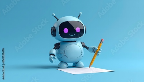 A cheerful robot holding a pencil and standing on a piece of paper against a blue background