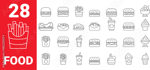 Collection of 28 outline fast food and dessert icons for menu and graphic designs