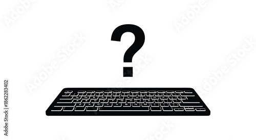 A simple black and white illustration depicting a keyboard with a question mark above it