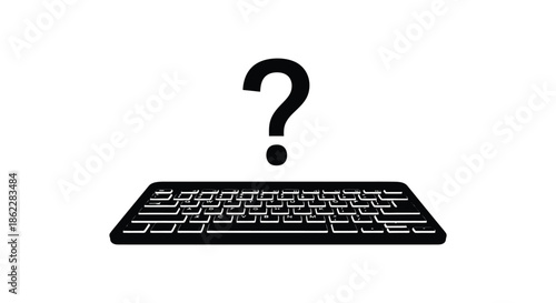 A simple black and white illustration depicts a keyboard with a question mark above it